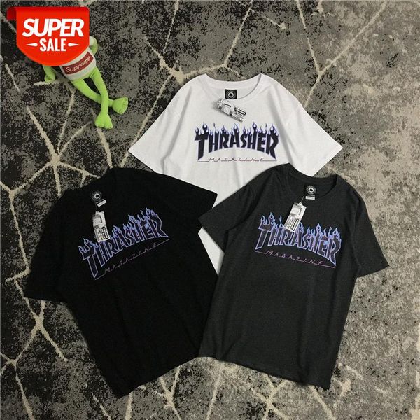 

classic black fire flame short sleeve t-shirt loose half couple round neck tee #ue2q, White;black