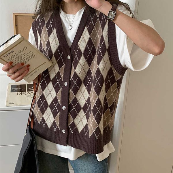 

colorfaith autumn winter women sweaters v-neck sleeveless oversized retro vest checkered waistcoat lady swv1388jx 211008, Black;white