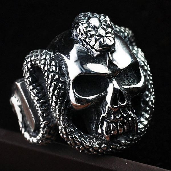 

cluster rings vintage snake skull ring men boys 316l stainless steel goth cool punk biker mens jewelery accessories wholesale, Golden;silver