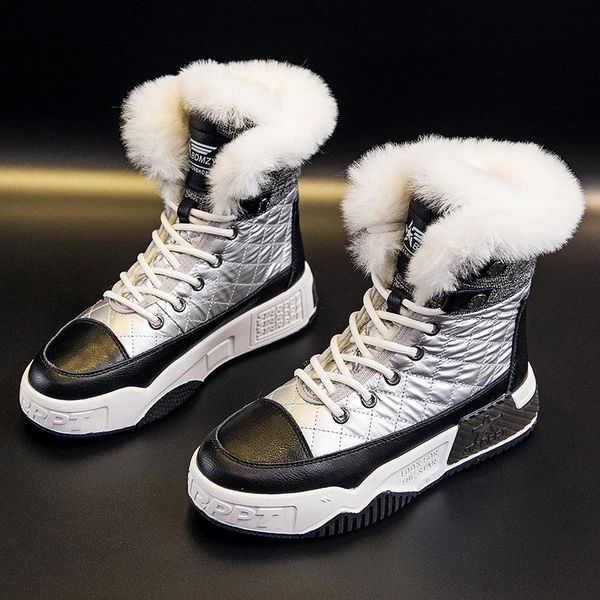 

boots wool fur women snow fashion shearling ladies wedges shoes woman genuine leather lace up footwear 2021, Black
