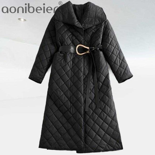 

winter lapel quilting plaid stay warm parka coat with belt women long trench jacket outerwear elegant black 210604