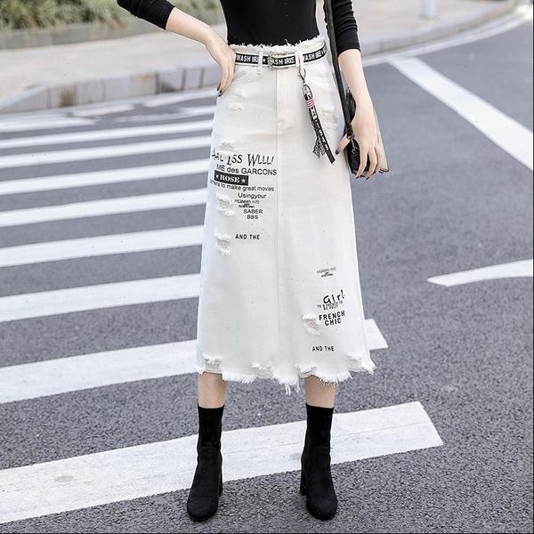 

women front skirts hole denim skirt fashion spring summer long high waist casual white jeans plus size 5xl, Black