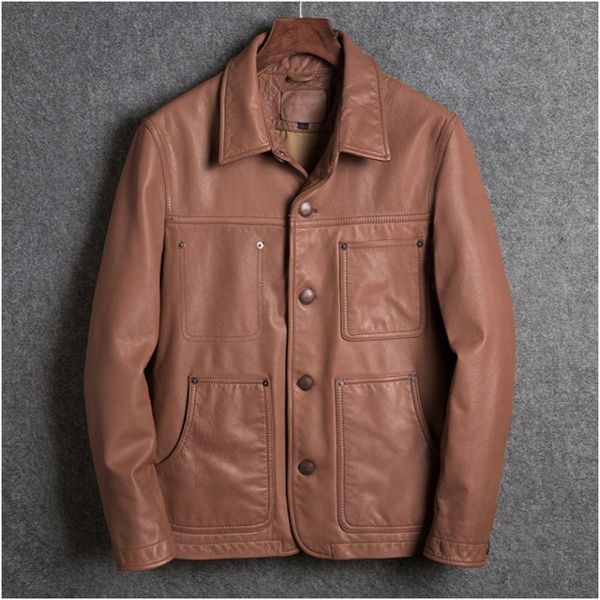 

men's leather & faux 2021 brown american casual style jacket men single breasted plus size 4xl genuine cowhide spring slim fit natural, Black