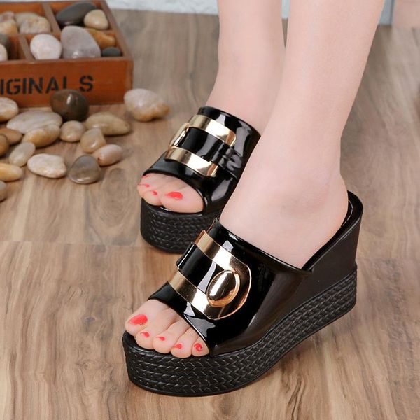 

wedges slippers fashion peep toe japanned leather platform sandals summer brand 9cm high heels, Black
