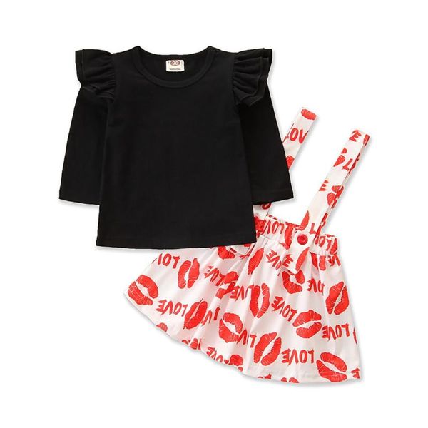 

good quality factory price fashion selling girls black long-sleeved t-shirt + lip print suspender skirt suit clothing sets, White