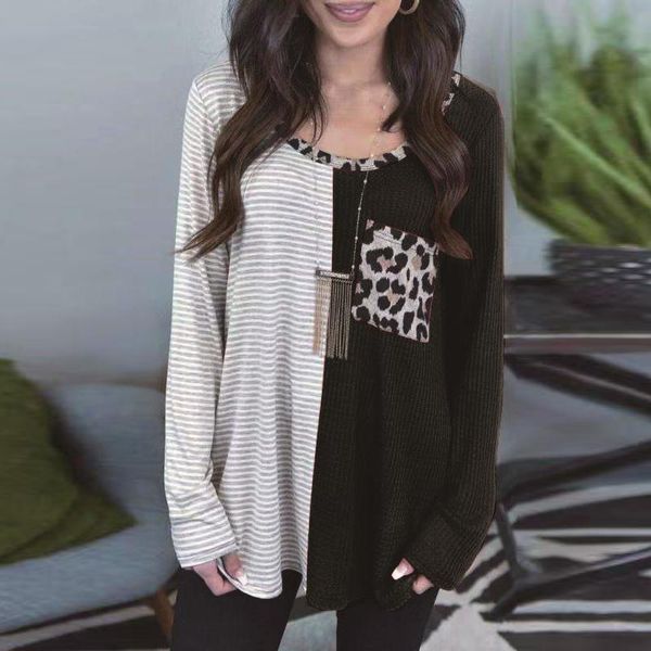 

women's blouses & shirts autumn spring leopard print patchwork pocket women blouse fashion elegant round neck lady casual long sleeve p, White