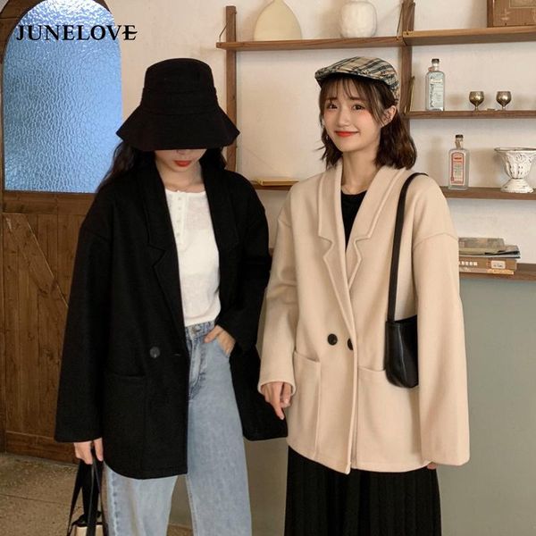 

junelove women spring blazer coat vintage tweed wool blazers female 2021 buttons ladies outerwear casual thin women's suits &, White;black