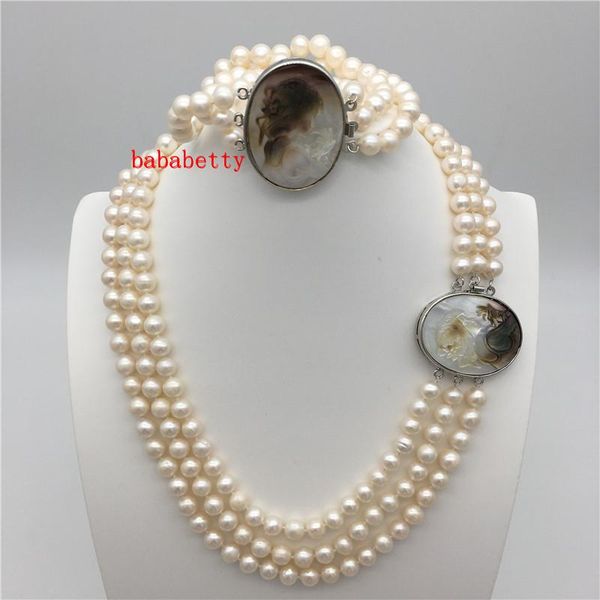 

chains natural 3rows 7-8mm white akoya pearl cameo beads necklace 17-19" + bracelet 7.5", Silver