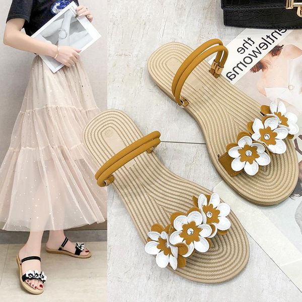 

summer shoes woman sandals elastic ankle strap flat sandalias flowers gladiator beach ladies flip flops 34-40, Black