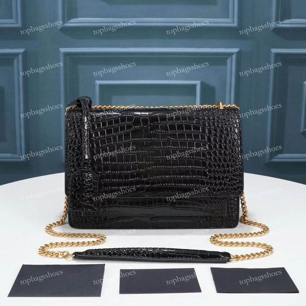 Designer -Kettenbeutel echte echte Lederhandtasche Crocodile anmutige Luxus Frauen weich 2021 schwarze rote Marke Kamera Baguette Crossbody Tasche 24 cm
