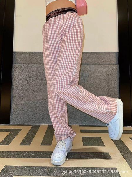 

pants trousers d family 2021 summer letter high waist elastic plaid inlaid with diamond show thin straight tube leisure drop feeling wide le, Black;white