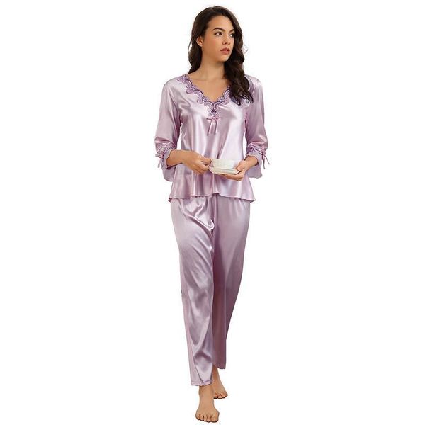 

pajama sets wanzi pajamas womens sleepwears satin silk three quarter sleeve nuisette femme sleepwear two piece nightwear r80883, Black;red
