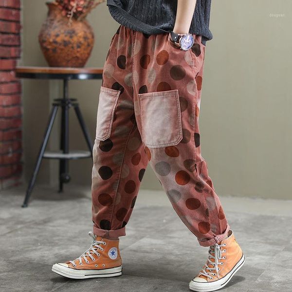 

women's pants & capris 2021 spring arts style women elastic waist casual big pocket cotton denim vintage dot print loose harem s715, Black;white