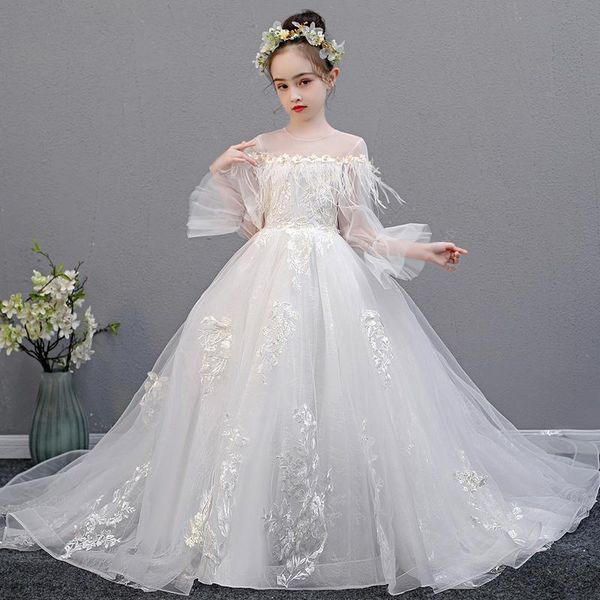 

the style of long sleeve feather simple good-looking fashion hand-made flower puff dress host girls piano performan girl's dresses, Red;yellow