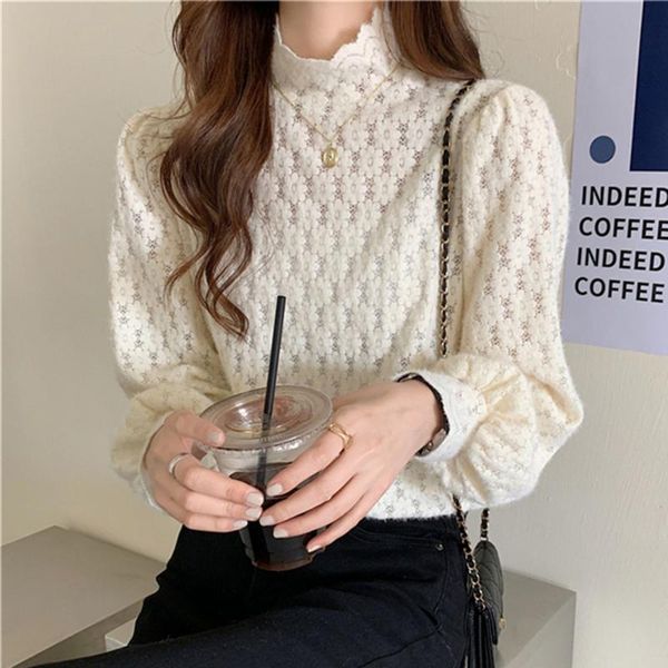 

women's t-shirt sweet lace autumn winter basic long sleeve t shirt women stand collar 2021 korean chic easy match hollow out tshir, White