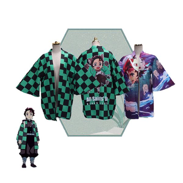 

costume accessories anime demon slayer kimetsu no yaiba tanjiro kamado cosplay casual costume kimono jacket bathrobe cartoon anime cloak, Silver