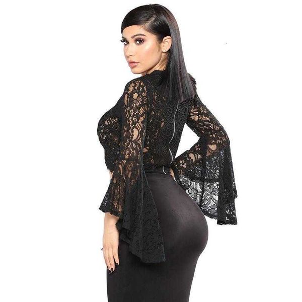 

women's blouses & shirts hollow out crop women embroidery black floral lace long flare sleeve ladies shirt clubwear b ps29, White