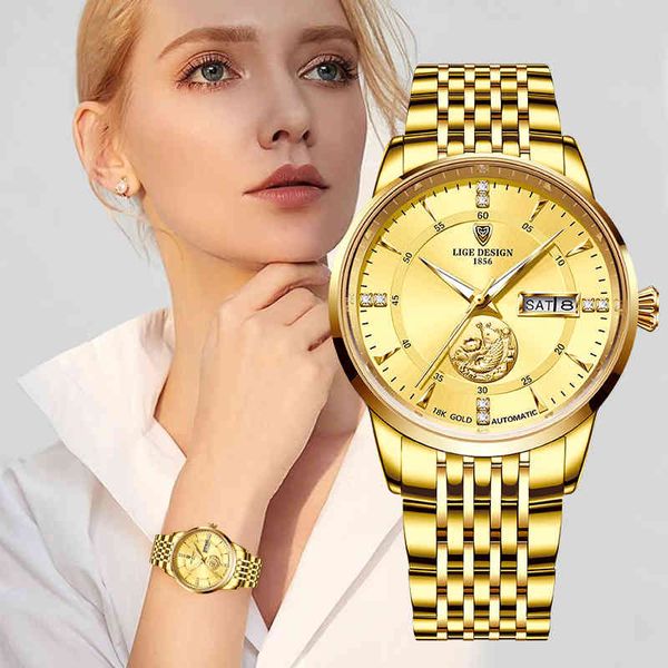 

lige classic women simple watch automatic stainless steel gold dial wristwatch auto date lady mechanical clock relogio feminino 210517, Slivery;brown