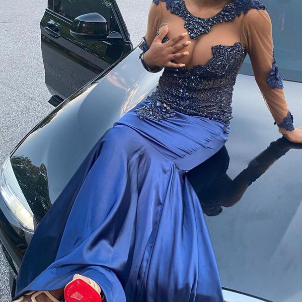 

blue elegant prom dresses mermaid o neck long sleeves beading applique satin sweep train plus size women party evening gowns, Black