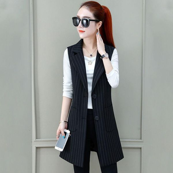 

women's vests 2021 women spring casual loose long lady chic striped plus size sleeveless suit waistcoat female vintage notched vest i91, Black;white