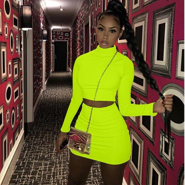 

neon green casual two piece women tracksuits set festival clothing pieces sets long sleeve crop mini skirt, Gray