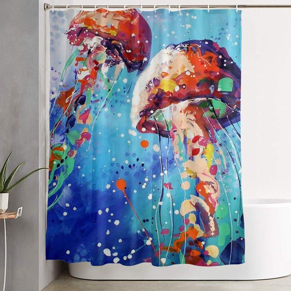 

colored jellyfish painting shower curtain polyester fabric waterproof machine washable hooks included bathroom decoration
