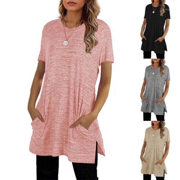 

women's blouses & shirts ladies t-shirt solid color pocket fall round neck short sleeve date o-neck casual loose pullover slit, White