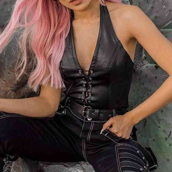 

solid crop tank women halter bandage pu leather hollow out cropped vest mujer summer off shoulder streetwear, White