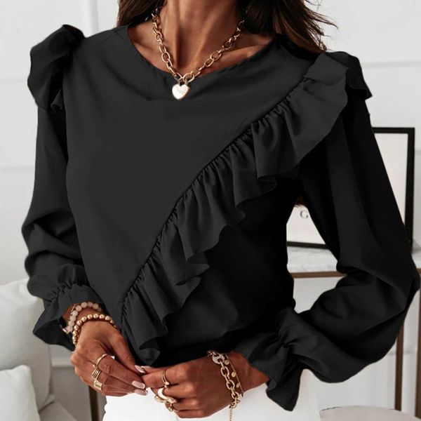 

women's t-shirt #l5 ruffles office ladies t shirt women long sleeve o-neck casual loose solid color tshirts camisetas, White