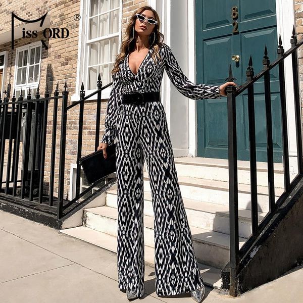 

missord 2021 long sleeve deep v neck women jumpsuits female vintage print overalls wide leg office rompers with belt m0958 women's, Black;white