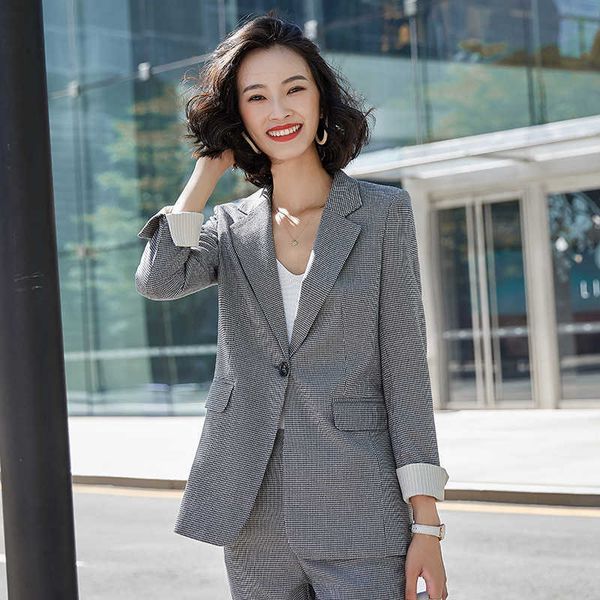 

women's plaid pants suits two-piece autumn and winter slim long sleeve ladies jacket business attire female 210527, White;black