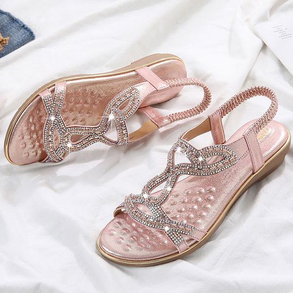 

sandals women flat fashion rhinestone summer shoes solid color casual open-toed wedge woman, Black