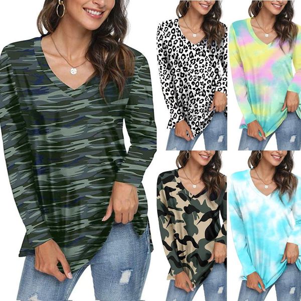 

women's t-shirt 2021 women loose long sleeve tee fashion v-neck print color casual t-shirts spring summer basic t shirt female, White