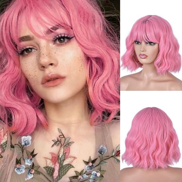 

synthetic wigs short wavy for black women african american pink hair wig with bangs natural heat resistant cosplay annivia