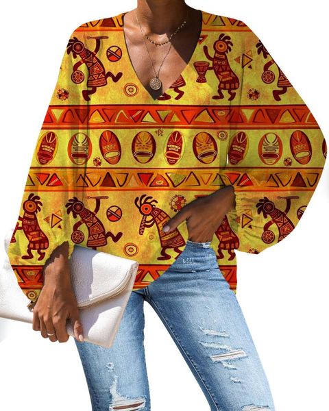 

women's blouses & shirts nopersonality large size blouse african tribal pattern lady melanin poppin loose long sleeve shirt plus v-nec, White