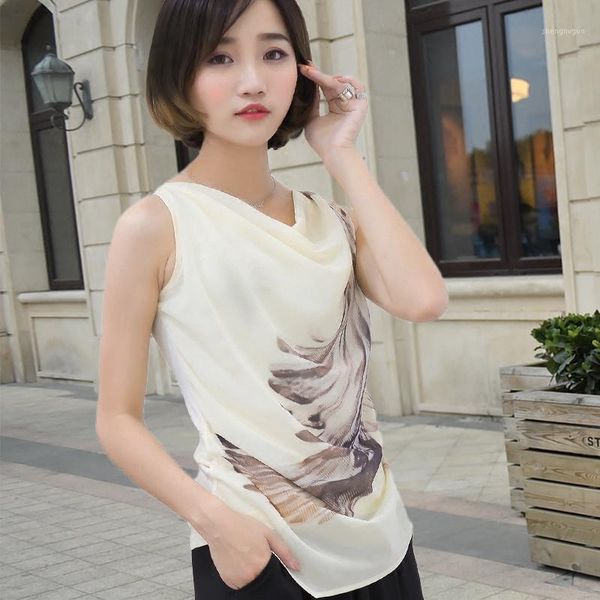 

women's spring summer chiffon blouse shirt elegant sleeveless printed o-neck temperament casual dd8386 blouses & shirts, White