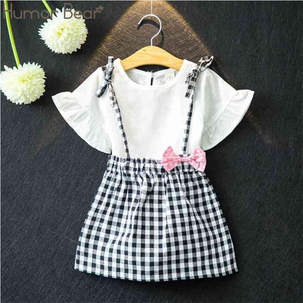 Roupas de meninas conjunto de manga curta verão bowknot xadrez criança menina tops + saia 2 pcs crianças roupas 210611