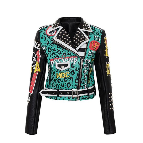 

women's leather & faux autumn fashion punk graffiti printed pu women jacket hit color locomotive slim slimming short coat female top, Black