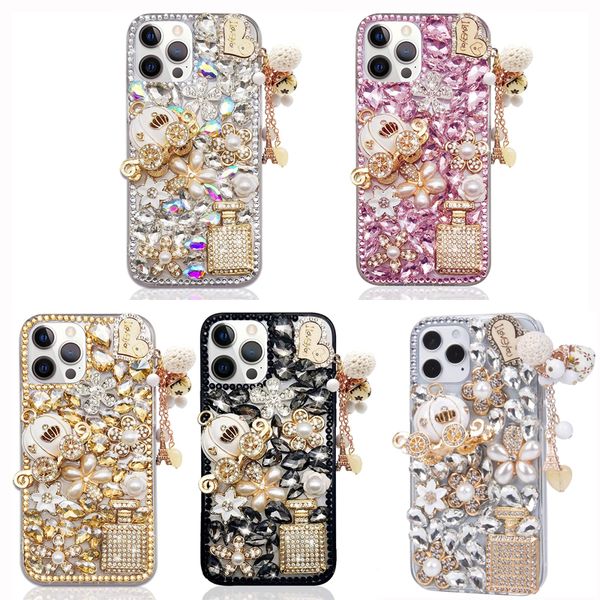 Luxury 3D Bling Glitter Diamond Cases Pumpkin Car Pendant Handmade Pearl Flowers Protecive Cover per iPhone 13 12 11 Pro MAX 8 Samsung S20 FE S21 Ultra A12 A42 5G