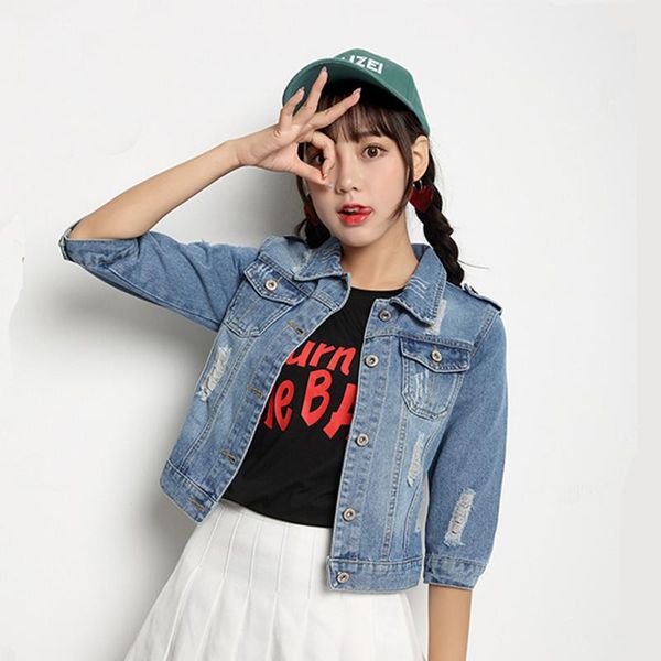 

denim jacket long-sleeved ripped plus size women short slim three-quarter sleeve spring women's jackets, Black;brown