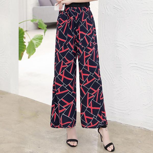 

summer plaid high women pants plus size casual bohemian retro print wide leg loose waist trousers beach, Black;white