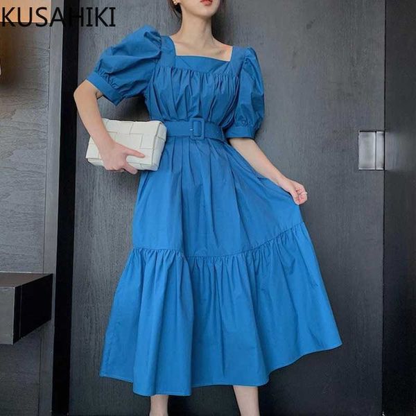 

kusahiki square collar puff sleeve woman dress korean solid patchwork dresses belt slim waist a-line sweet vestidos 6h711 210602, Black;gray