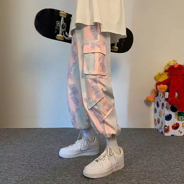 

2021 tie dye overalls mens korean retro sports pants loose hippie harajuku loose pants streetwear trousers, Black