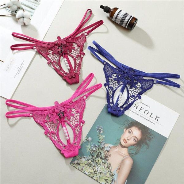 

women's panties hollow out printed women lingerie g-string double strap pearl massage underwear thong solid color low waist, Black;pink