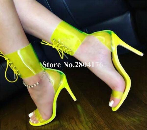 

fashion women open toe pvc stiletto heel gladiator sandals transparent ankle wrap lace-up high dress heels, Black