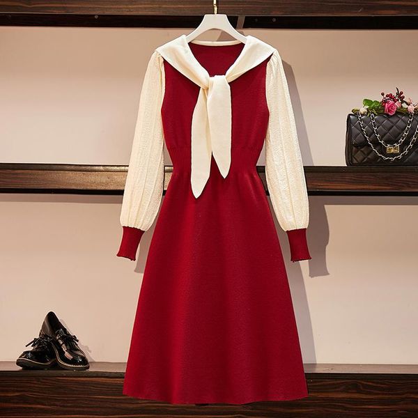 

plus size preppy style knitting women dress sailor collar dresses red black 5772 casual, Black;gray
