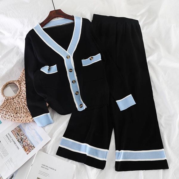 

two piece dress arrivals winter women's cardigan single-breasted v-collar sweater straight tube color stripes thin broad-legged pants s, White