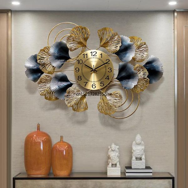 

wrought iron ginkgo leaf wall clock sticker decoration home livingroom hanging crafts mural art clocks