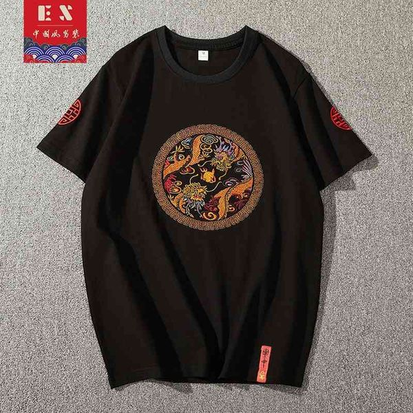 

summer new fashion brand chinese style half cotton t-shirt men's embroidered dragon robe short sleeve t-shirt, White;black