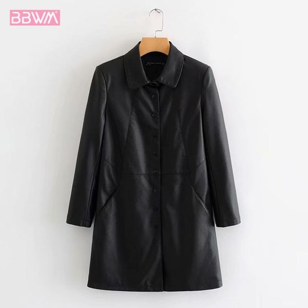

pu black long sleeve lapel windproof long-haired female coat single-breasted british chic women's jacket locomotive 210507